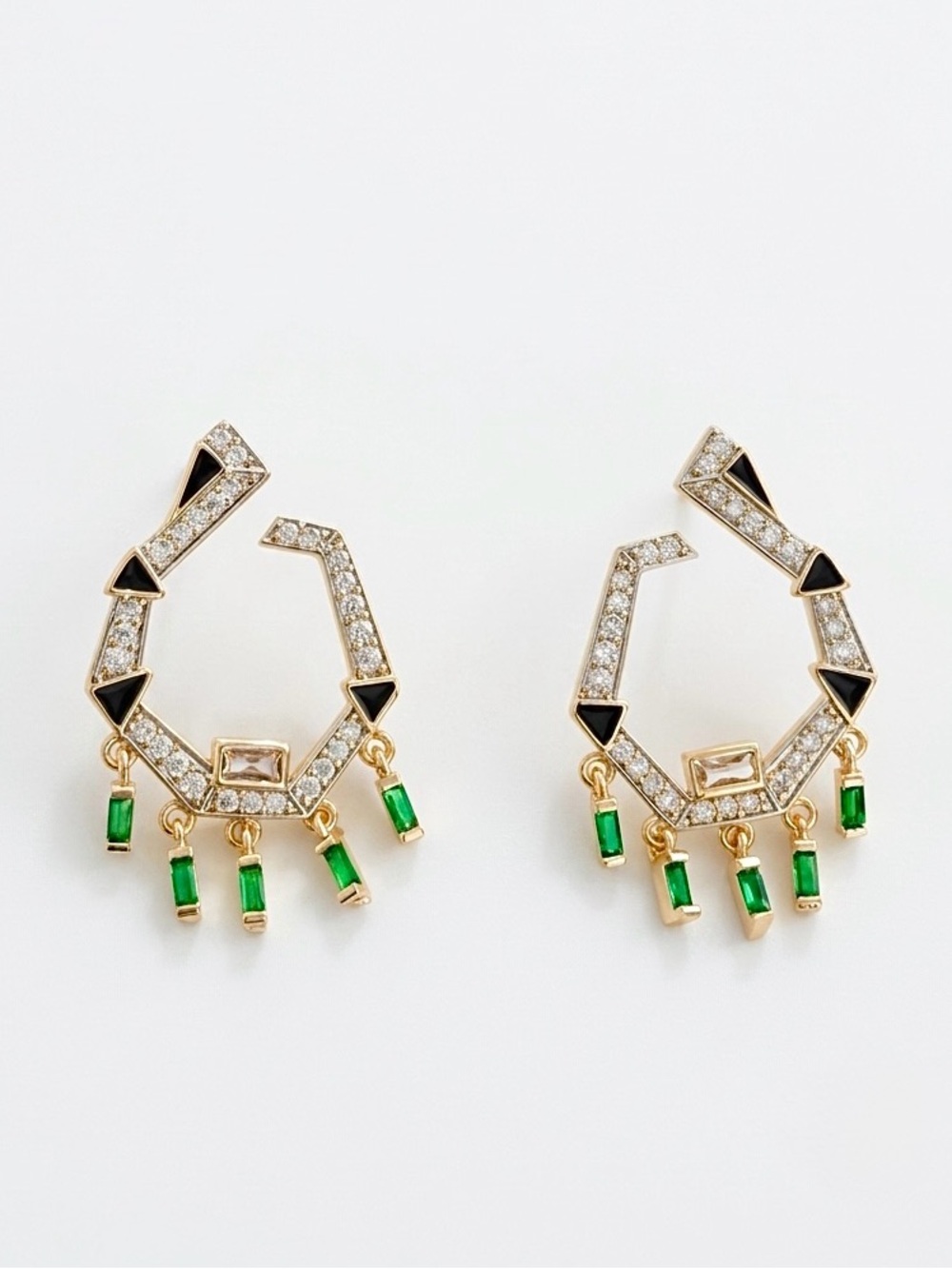 14K Gold Plated Geometric Drop Earrings |  Black Enamel w/ CZ & Green Baguette